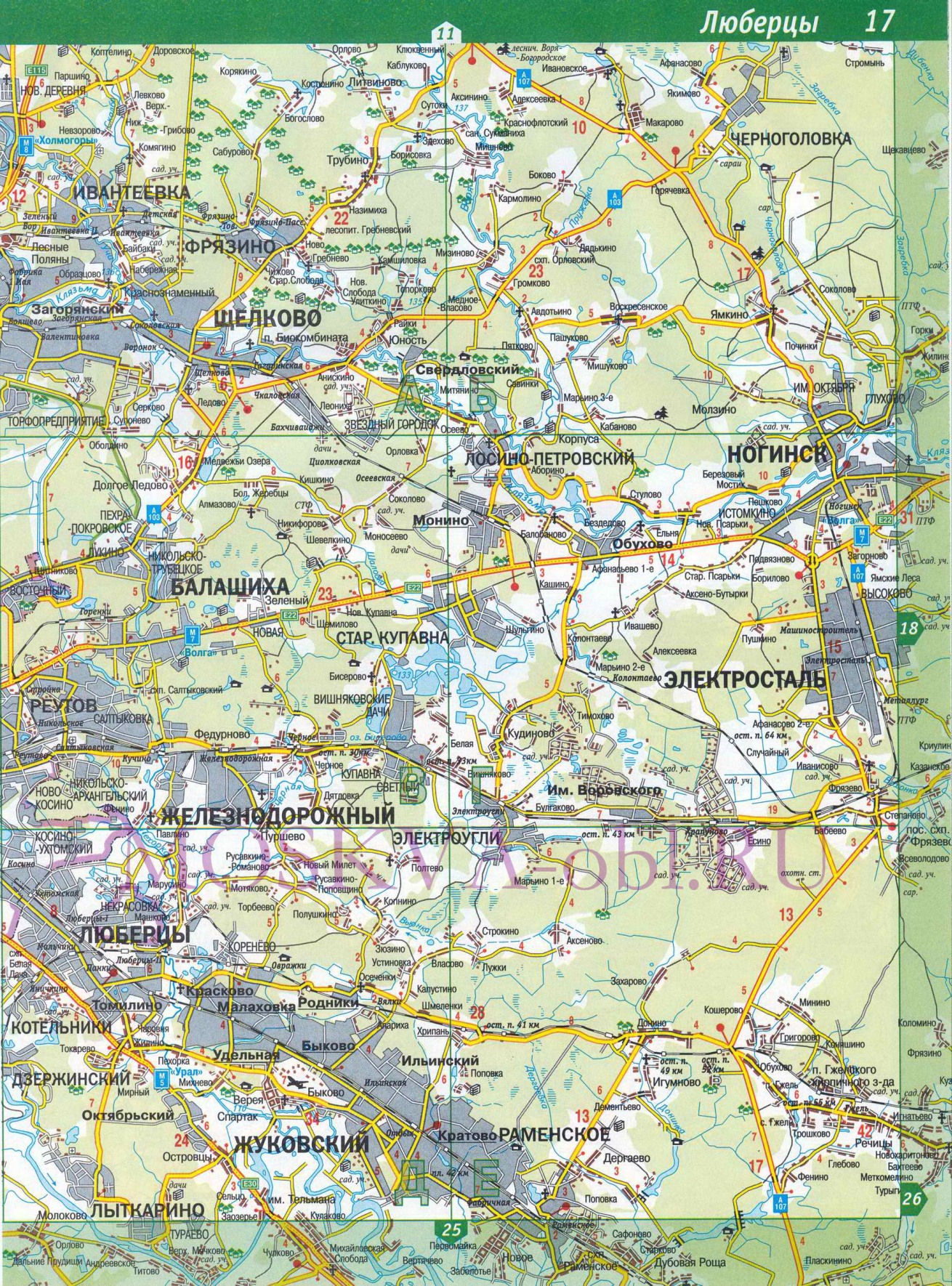 Балашихинский район Московской области - карта автодорог масштаба 1см:2км